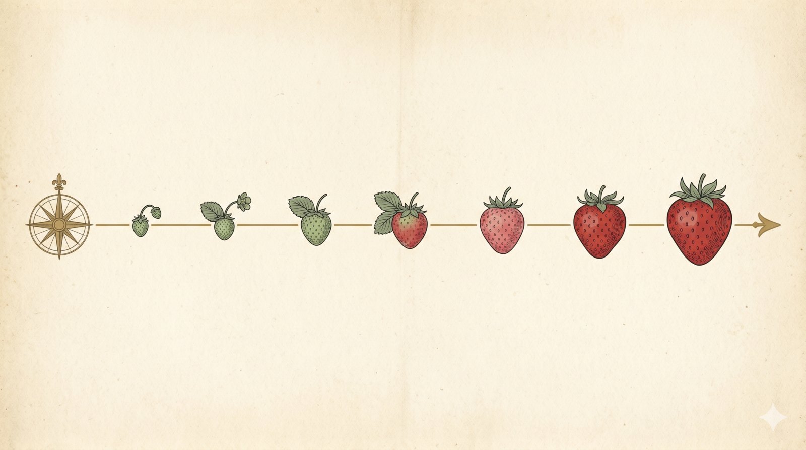 A horizontal timeline illustration showing strawberries growing larger and redder from left to right, from a tiny green wild berry to a large ripe cultivated fruit